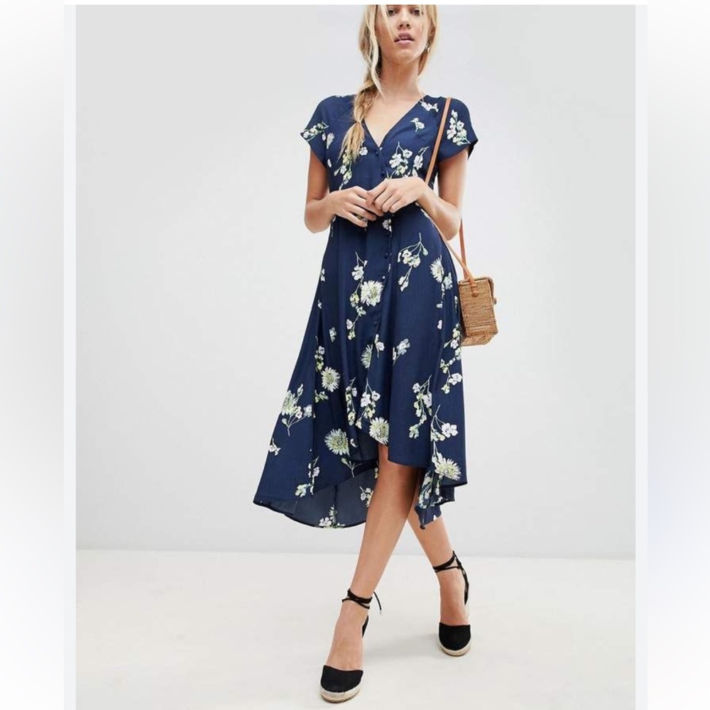 Free People Lost In You Blue Floral Dip Hem Wrap Dress Bohemian Casual (Size XS)